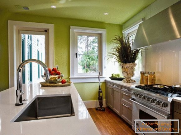 Design della cucina con pareti verdi e soffitto