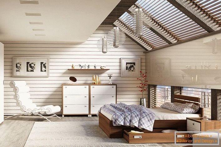 La camera da letto al piano attico in stile scandinavo è decorata con mobili modulari.