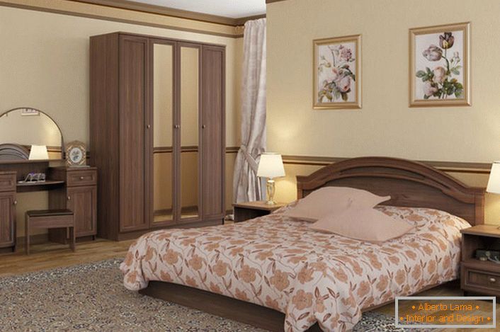 L'interno insuperabile della camera da letto in stile Art Nouveau è enfatizzato da mobili modulari opportunamente selezionati.