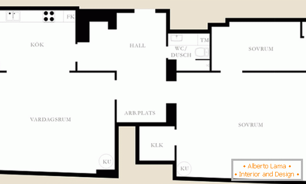 La disposizione di un appartamento di tre stanze