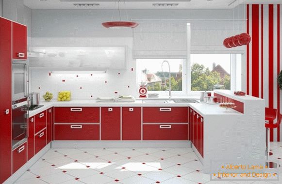 Disegno di una foto di cucina bianca rossa 12