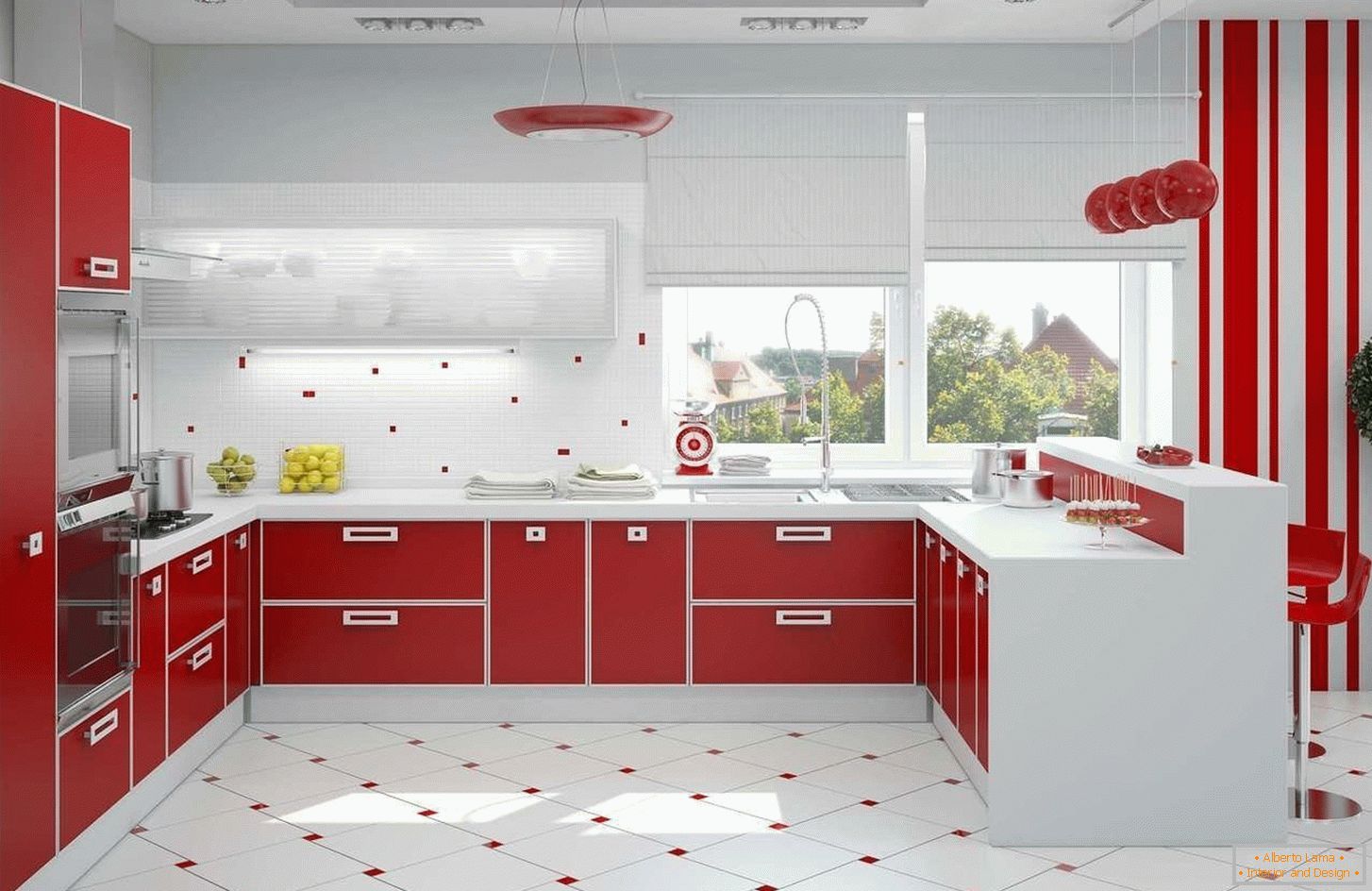 Interno cucina rosso e bianco