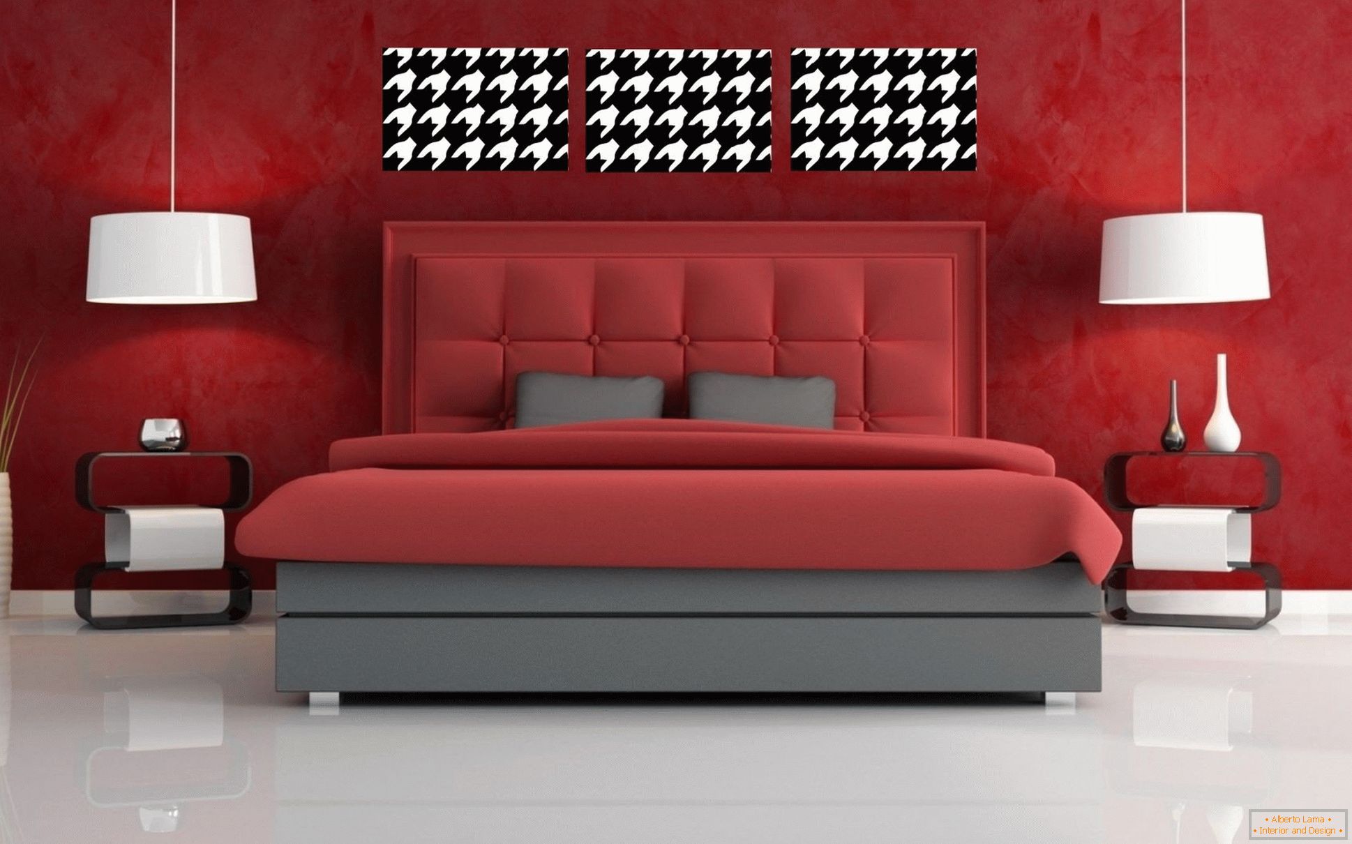 Pavimento bianco e pareti rosse nella camera da letto