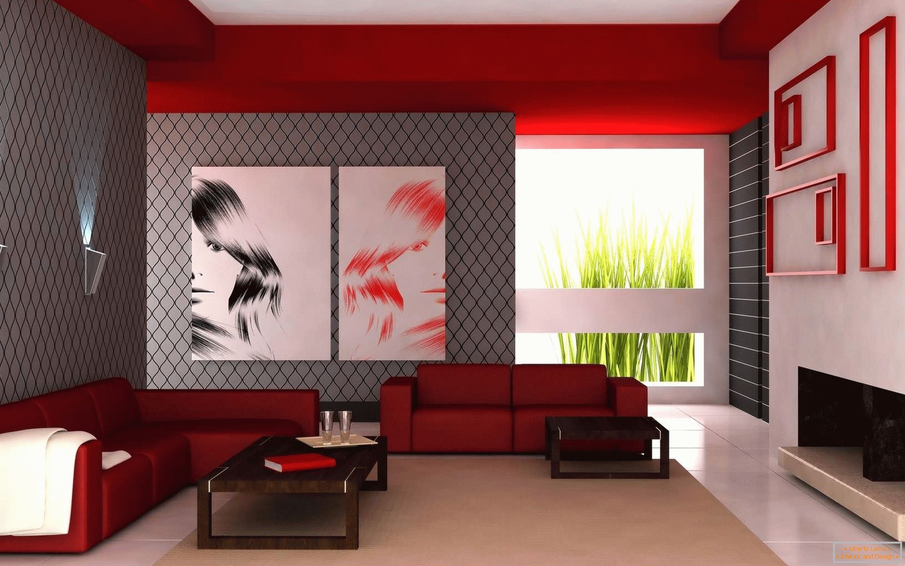La combinazione di colori bianco, rosso e grigio nel soggiorno