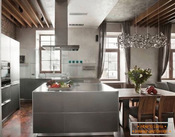 Interiore della cucina in stile loft - foto in colore grigio e marrone
