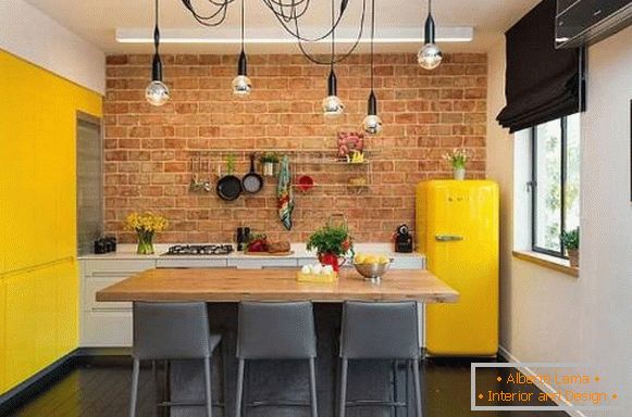 Cucine in stile loft con un mattone - foto con decorazioni luminose
