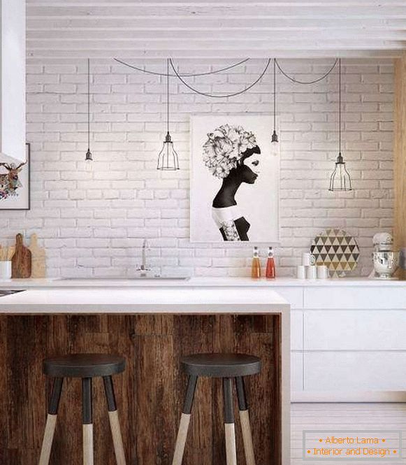 Muro di mattoni bianchi in cucina in stile loft