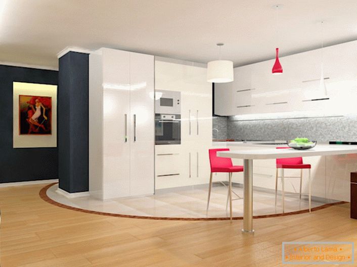 Una cucina spaziosa nello stile del minimalismo con un set da cucina laconico. Semplicità, praticità e funzionalità sono intessute in un unico concetto di stile.