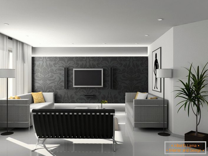 Nel design delle camere per gli ospiti in stile hi-tech, vengono utilizzate forme geometriche prevalentemente rigide e sfumature di grigio.