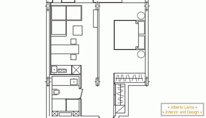 Il layout di un piccolo appartamento con una camera da letto a Kiev