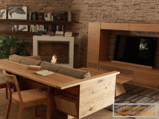 Elegante divano con mensola in legno
