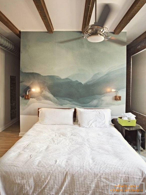 Camera da letto di design in un loft con foto sfondi