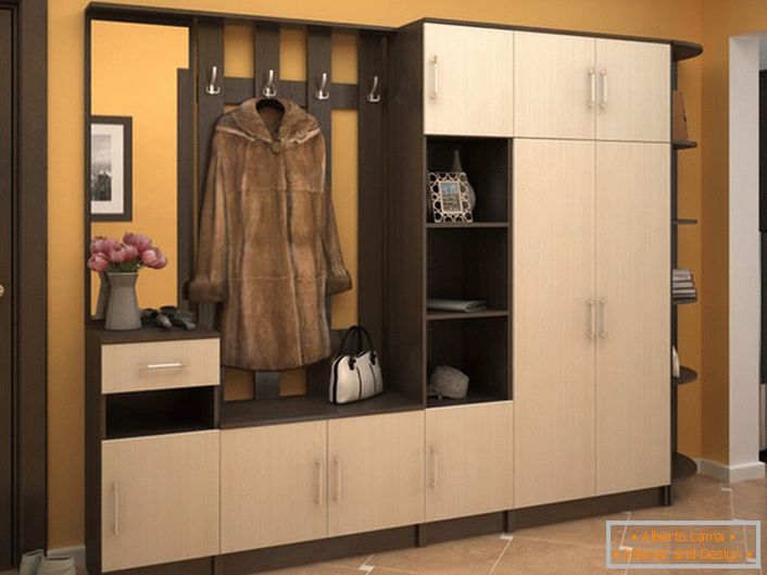 Una spaziosa parete modulare per il corridoio consente di organizzare lo spazio in modo funzionale. L'aspetto attraente dei mobili decorerà l'interno in qualsiasi stile.