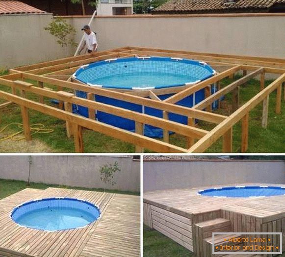 Una piccola piscina scheletro con un podio di legno