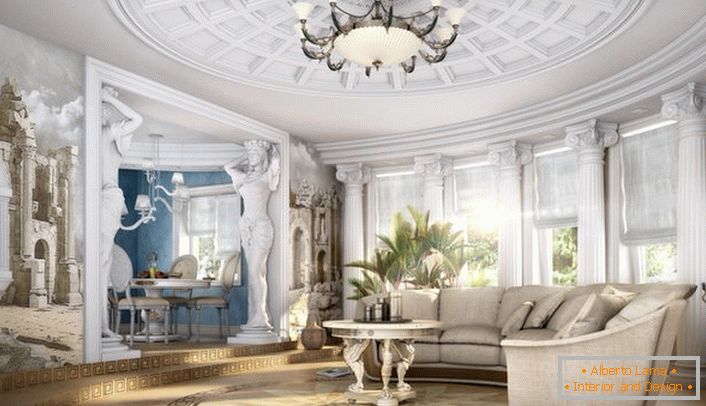 Un ampio soggiorno in stile neoclassico con mobili ben selezionati. Classici discreti nelle prestazioni moderne.