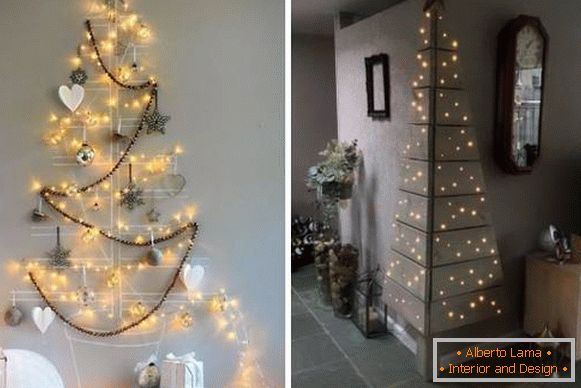 Luci di Capodanno sulle pareti - disegno di un albero di Natale da una ghirlanda