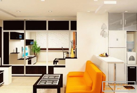 Un'idea moderna per combinare la cucina con il soggiorno