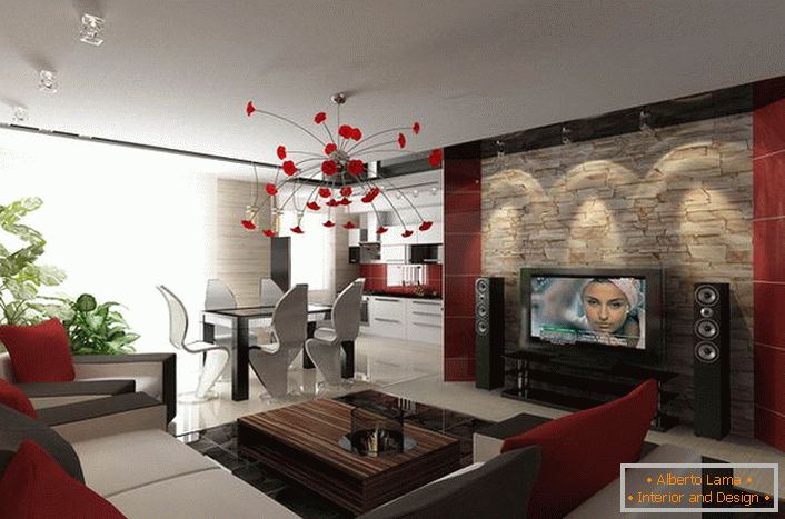Linee di arredamento riconoscibili in stile high-tech per un ampio soggiorno con note di colori in stile italiano. 