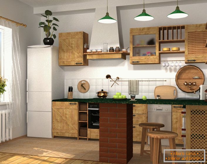 Progetto di design per una piccola cucina in un appartamento di città o casa privata. 