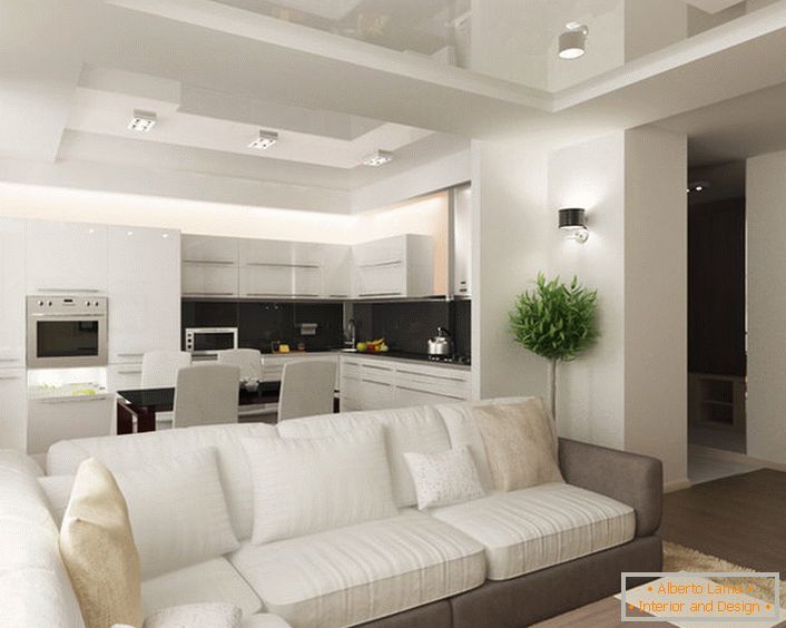 La combinazione di cucina e soggiorno è considerata una soluzione efficace in condizioni di spazio insufficiente. 