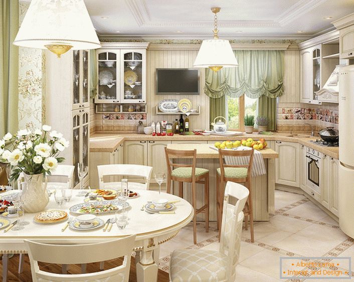 La cucina, organizzata nello stile del paese di campagna, è combinata con il soggiorno. La corretta disposizione degli accenti di luce e decorativi rende la stanza attraente e raffinata.