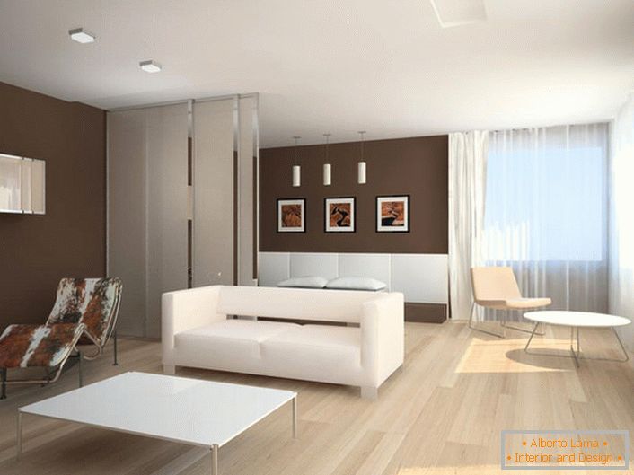 Un minimo di mobili e elementi decorativi aumenta visivamente il soggiorno. 