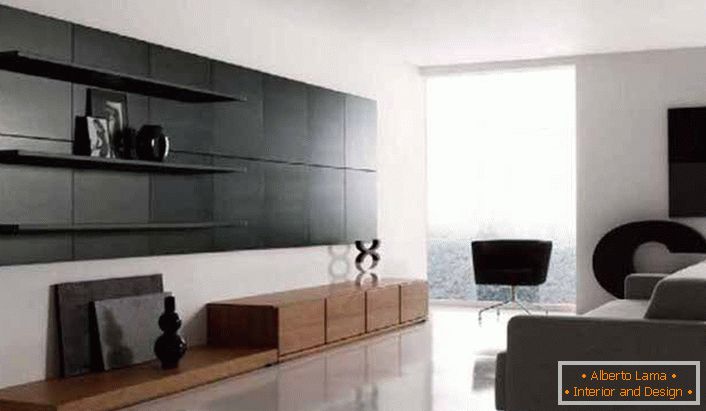 Lo stile minimalista si distingue per l'utilizzo di pratici scaffali per arredare il soggiorno.