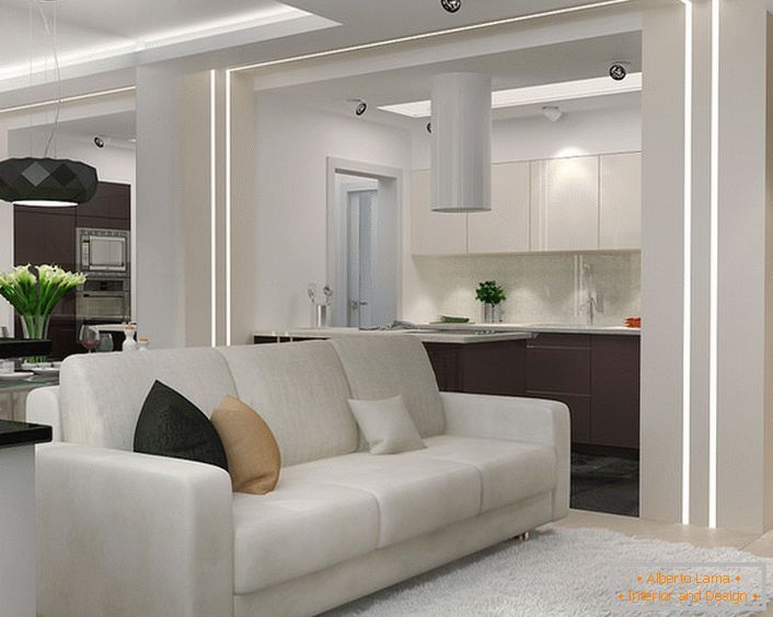 Un piccolo soggiorno nello stile del minimalismo nell'appartamento monolocale. La funzionalità e l'attrattiva degli interni in questo stile la rendono insostituibile quando si tratta della sistemazione di un piccolo spazio residenziale.