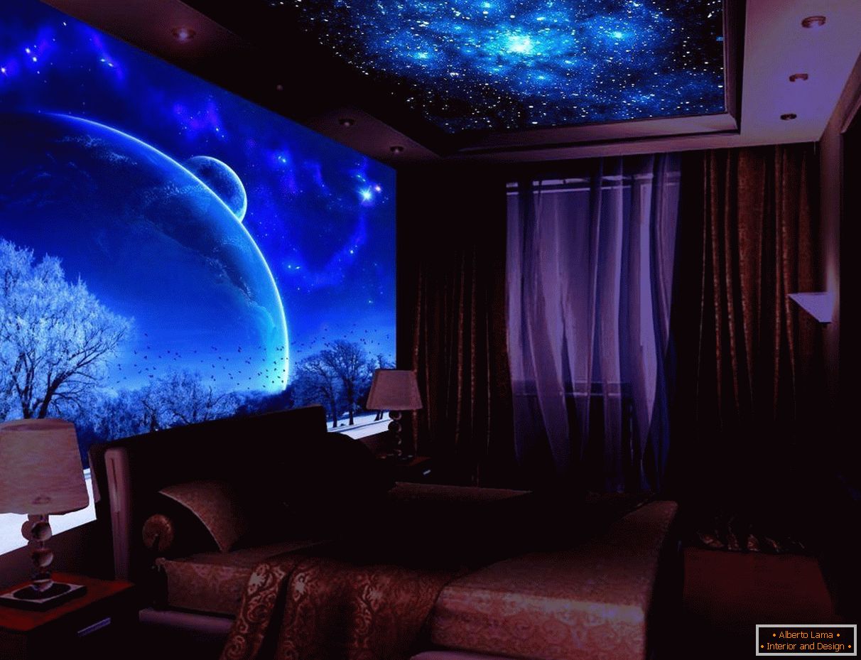Retroilluminazione in camera da letto nello stile della galassia