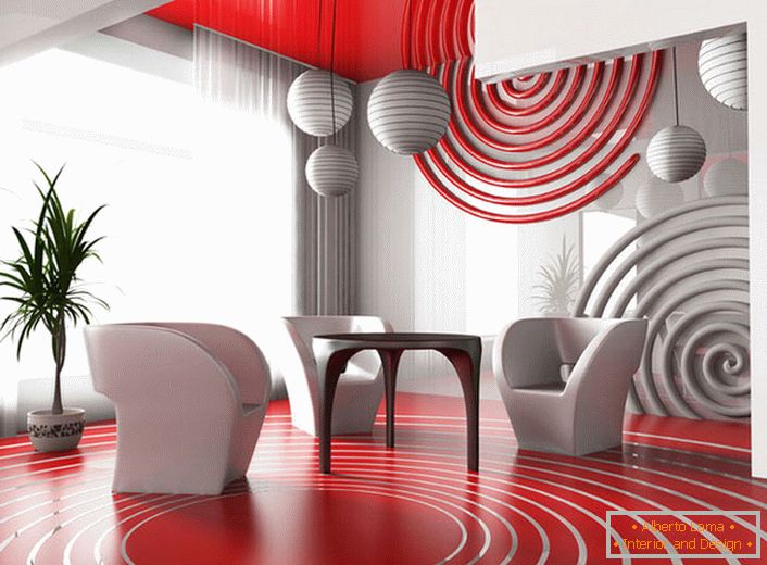 Sala da pranzo in stile d'avanguardia. La combinazione di un colore rosso brillante con un grigio neutro sembra redditizia.