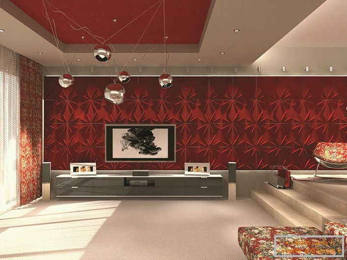Una spaziosa camera per gli ospiti in stile avant-garde. L'attenzione è attirata da un'illuminazione ben selezionata. 