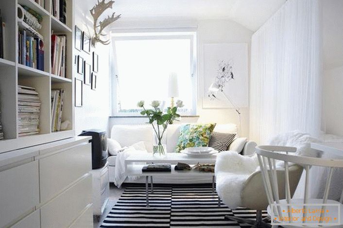 La combinazione classica di bianco e nero sembra redditizia negli interni in stile scandinavo. I mobili bianchi rendono il soggiorno luminoso e accogliente.