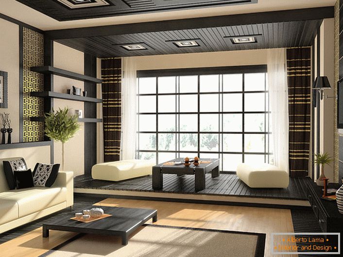Il colore orientale attrae con la sua grazia. Il soggiorno in una grande casa di campagna è decorato nello stile del minimalismo giapponese. 