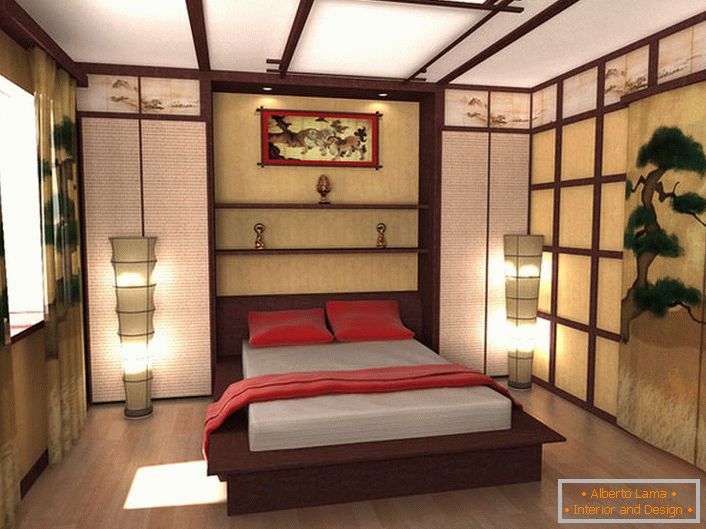 Il progetto di design di una camera da letto nello stile del minimalismo giapponese è il lavoro di un laureato in un'università di Mosca. Una combinazione competente di tutti i dettagli della composizione rende la camera elegante e orientale nella raffinatezza.