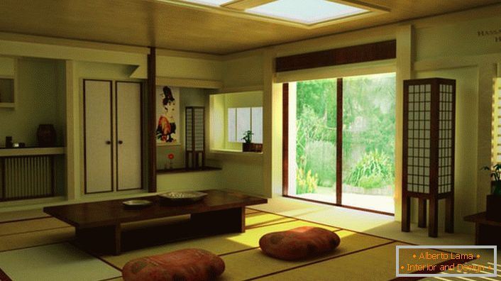 Circa la presenza del minimalismo giapponese nel salotto di una casa di campagna racconta i mobili giusti. Un tavolino basso è l'ideale per bere il tè a casa. 