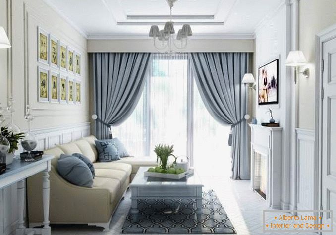 Design del soggiorno con finestre panoramiche e belle tende