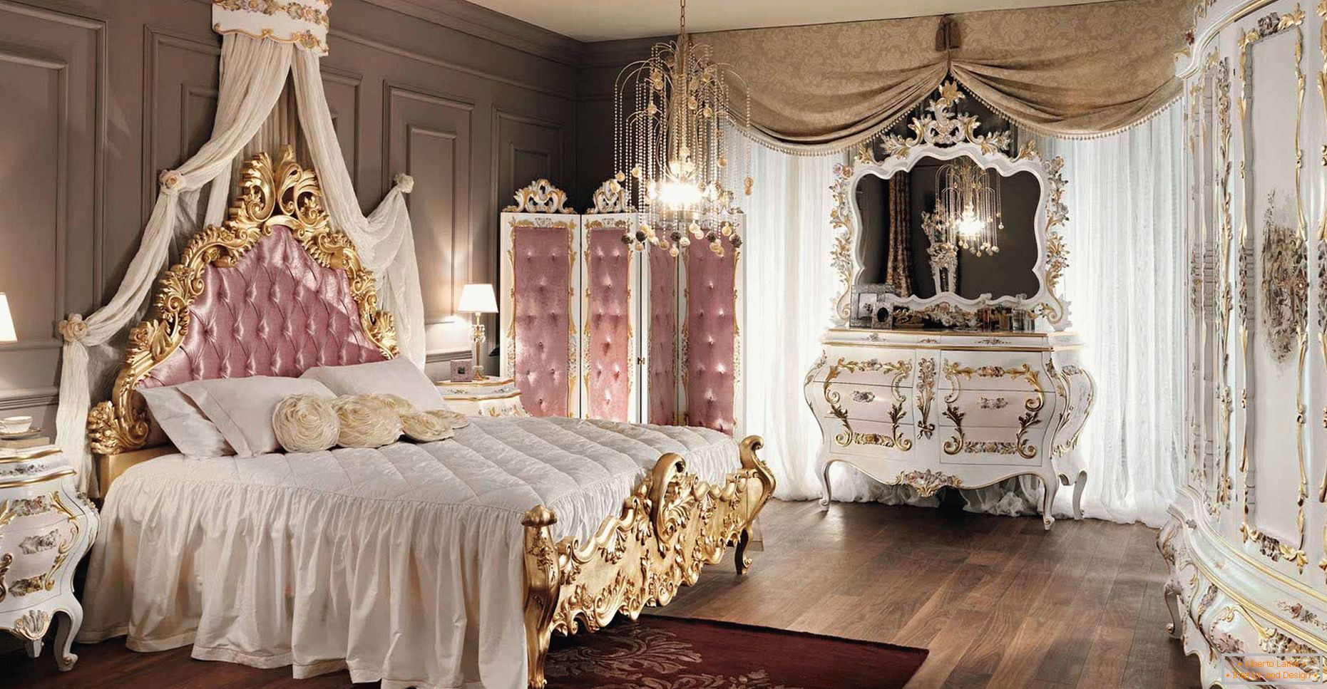 Una camera da letto pomposa e maestosa per una giovane donna.