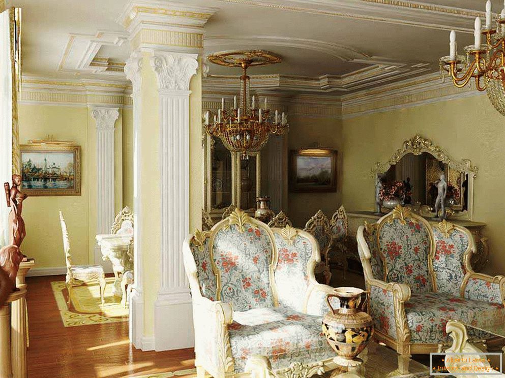 Un soggiorno barocco con illuminazione opportunamente selezionata. Interessanti anche le colonne con modanature in ceramica.