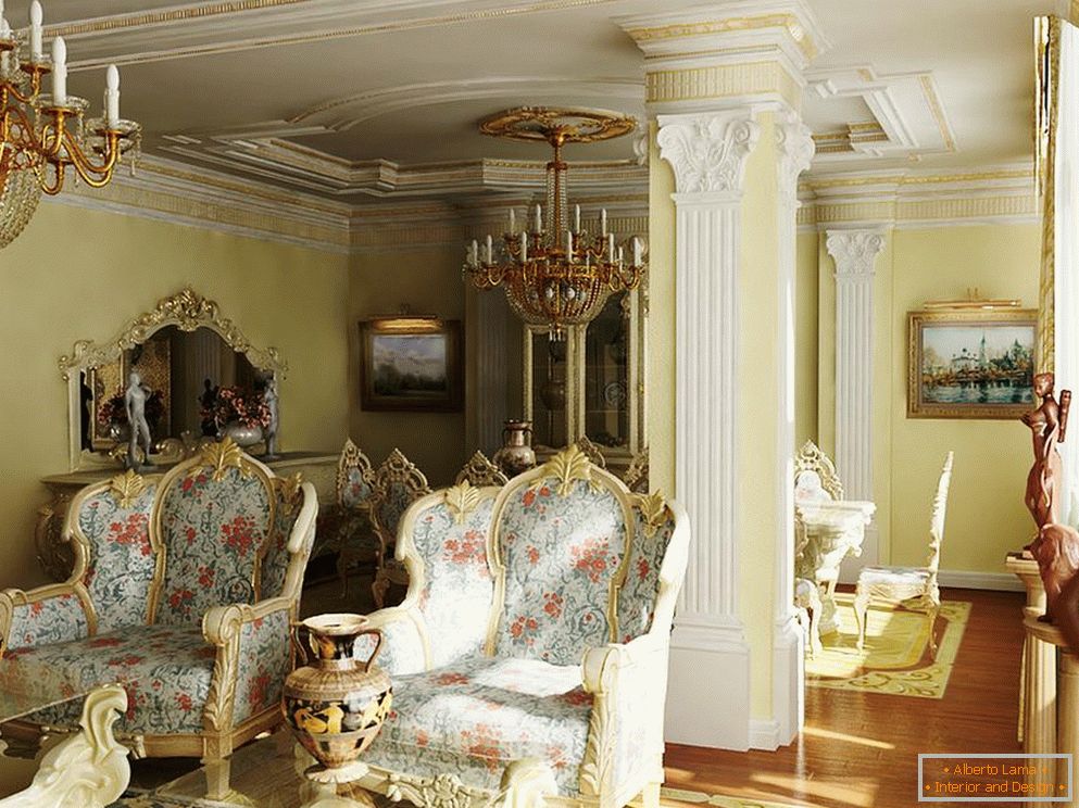 Uno stile barocco raffinato e lussuoso per una camera degli ospiti. L'esempio corretto di illuminazione per lo stile barocco.
