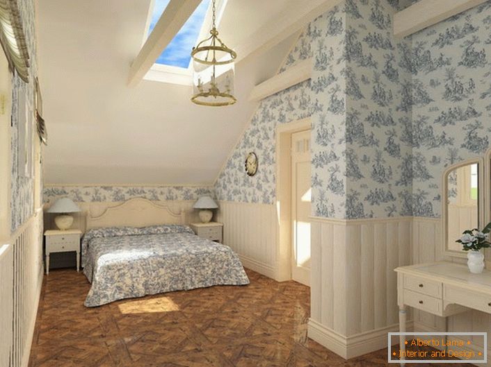 Un'idea di design laconico è una camera da letto in stile country. Un minimo di mobili e una finitura opportunamente selezionata.