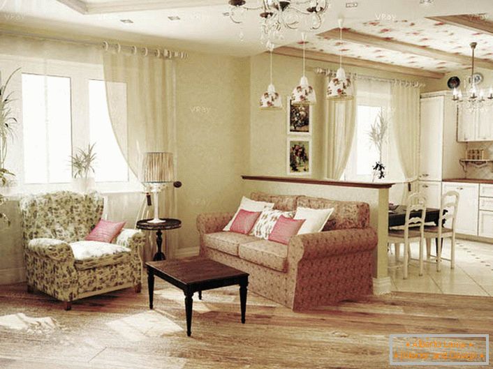 Il progetto di design è stato realizzato sotto l'ordine di una giovane donna. Un interno delicato e modesto per un soggiorno in stile rustico in stile provenzale.
