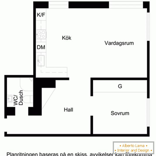 Il piano di un piccolo appartamento con una camera da letto
