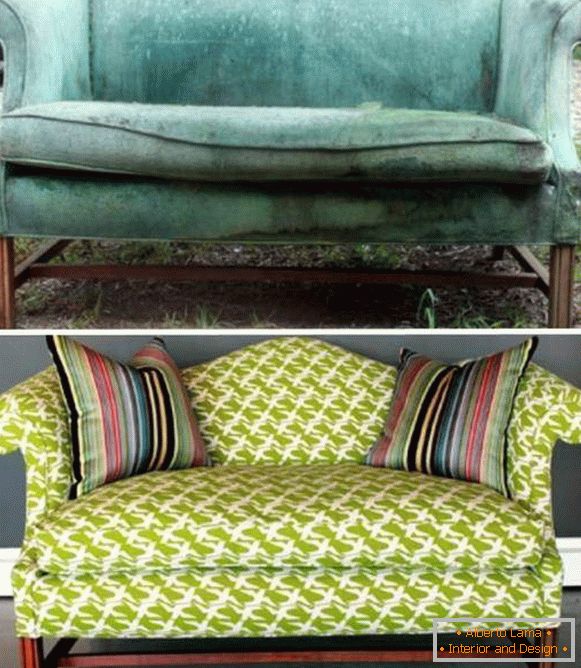 Stretching mobili imbottiti - foto del divano prima e dopo la sostituzione della tappezzeria