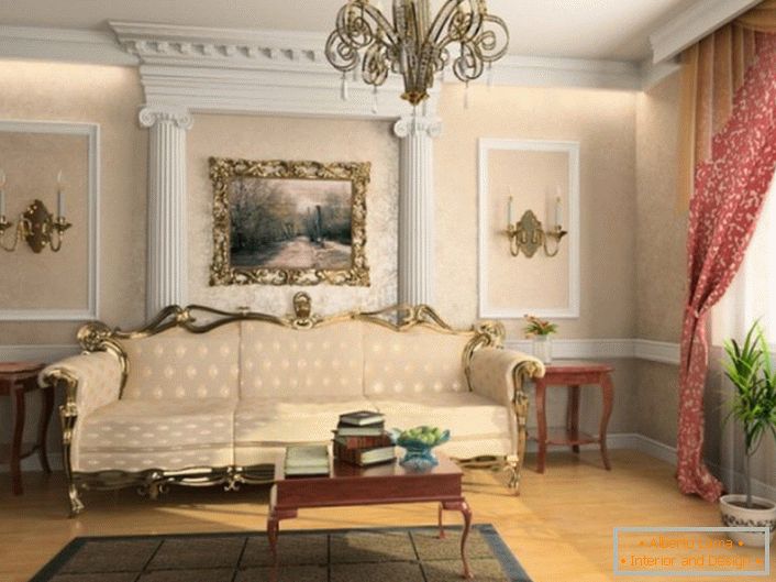 In conformità con i requisiti dello stile francese, la camera degli ospiti è decorata con modanature in stucco.