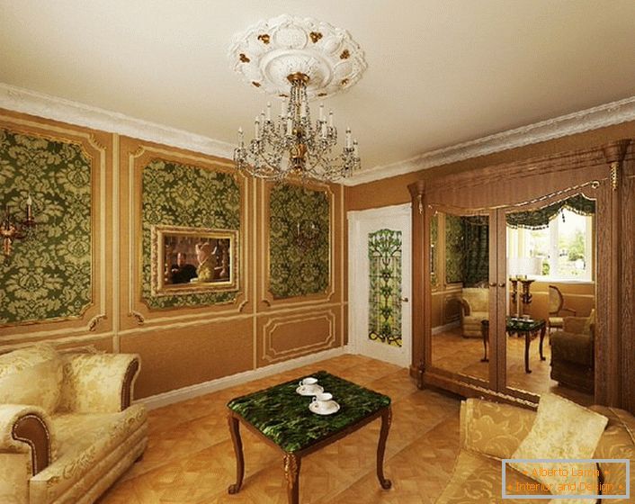 Nobile colore verde in combinazione con oro giallo sembra redditizio in una stanza degli ospiti in stile amper.