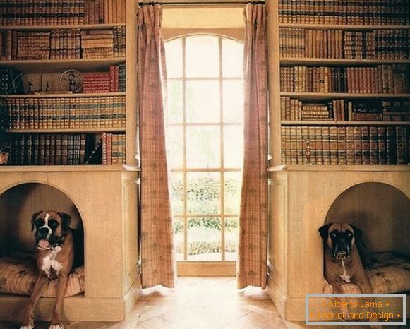 Cabine per cani in scaffalature per libri
