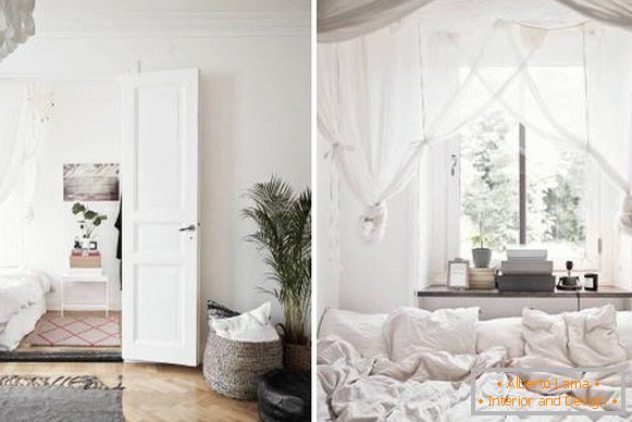 Interno camera da letto scandinavo in un piccolo appartamento