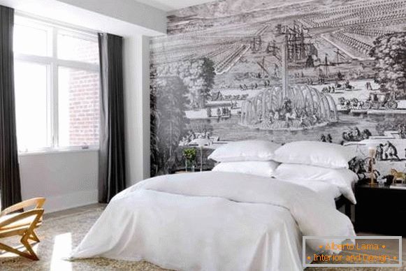 Design moderno della camera da letto con bella carta da parati