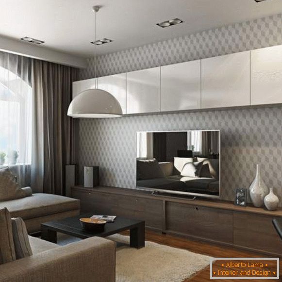 Il design della sala in un appartamento in stile moderno - una foto in toni neutri