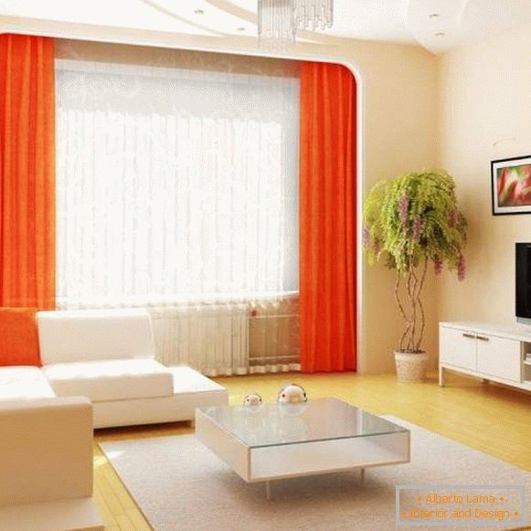 Il design della sala in un appartamento in bianco con un arredamento arancione